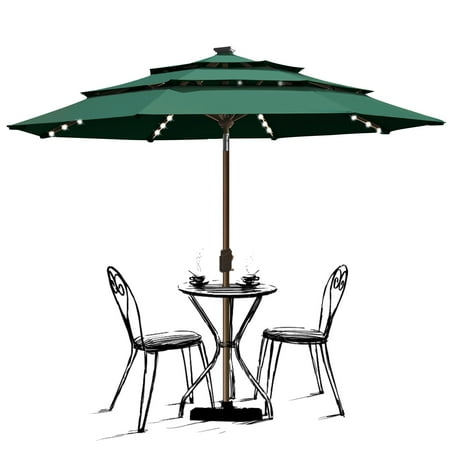 EliteShade Sunbrella Solar 9ft 3 Tiers Market Umbrella with 80 LED Lights Patio Umbrellas Outdoor Table with Ventilation and 5 Years Non-Fading Top  Forest Green