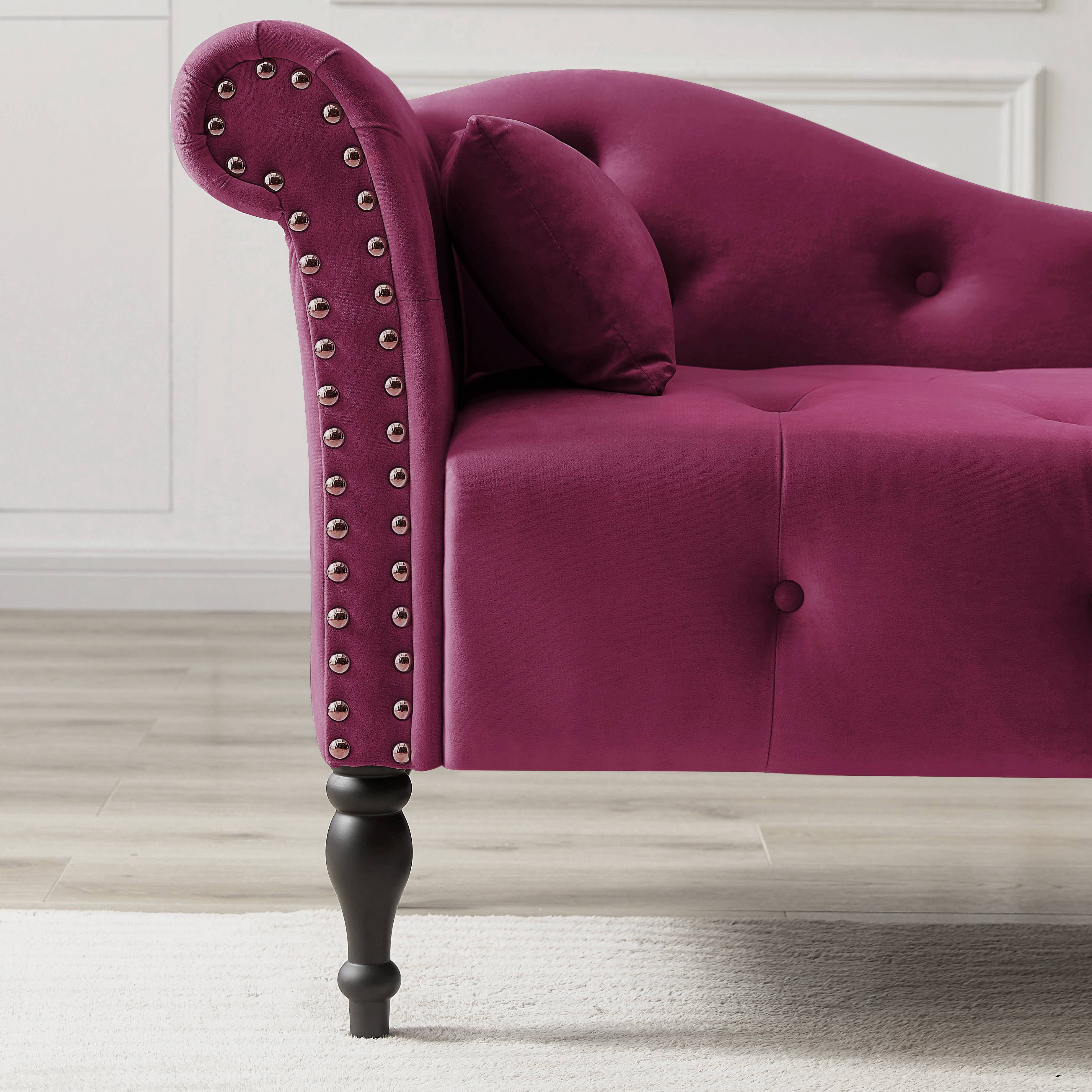 Miniyam Velvet Chaise Lounge, Tufted Accent Chaise Chair with Pillow for Living Room Bedroom, Purple