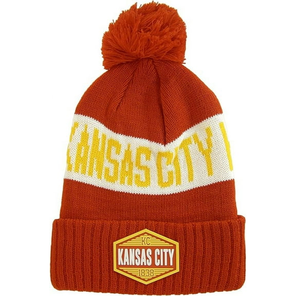 Kansas City Winter Knit 3D Rubber Patch Pom Beanie Hat (Red/White/Gold)