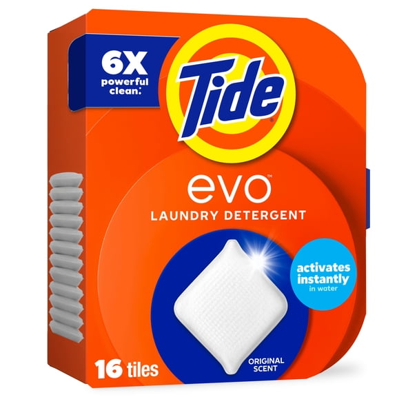 Tide Evo Laundry Detergent Tiles, 100% Concentrated, 6X Cleaning Power, Original Tide Scent, 16 Count
