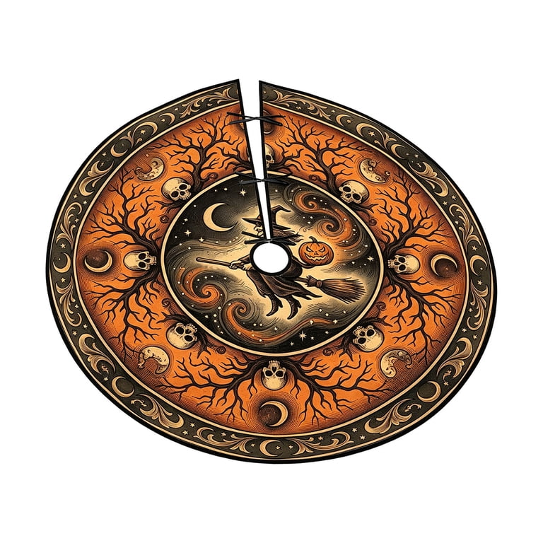 Halloween Tree Skirt, Orange and Black Flying Witch with Moon and ...