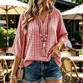 thumbnail image 2 of Noric Women's 3/4 Length Sleeve Tops V Neck Gingham Plaid Casual Loose Fit Lightweight Pullover Shirts, 2 of 8