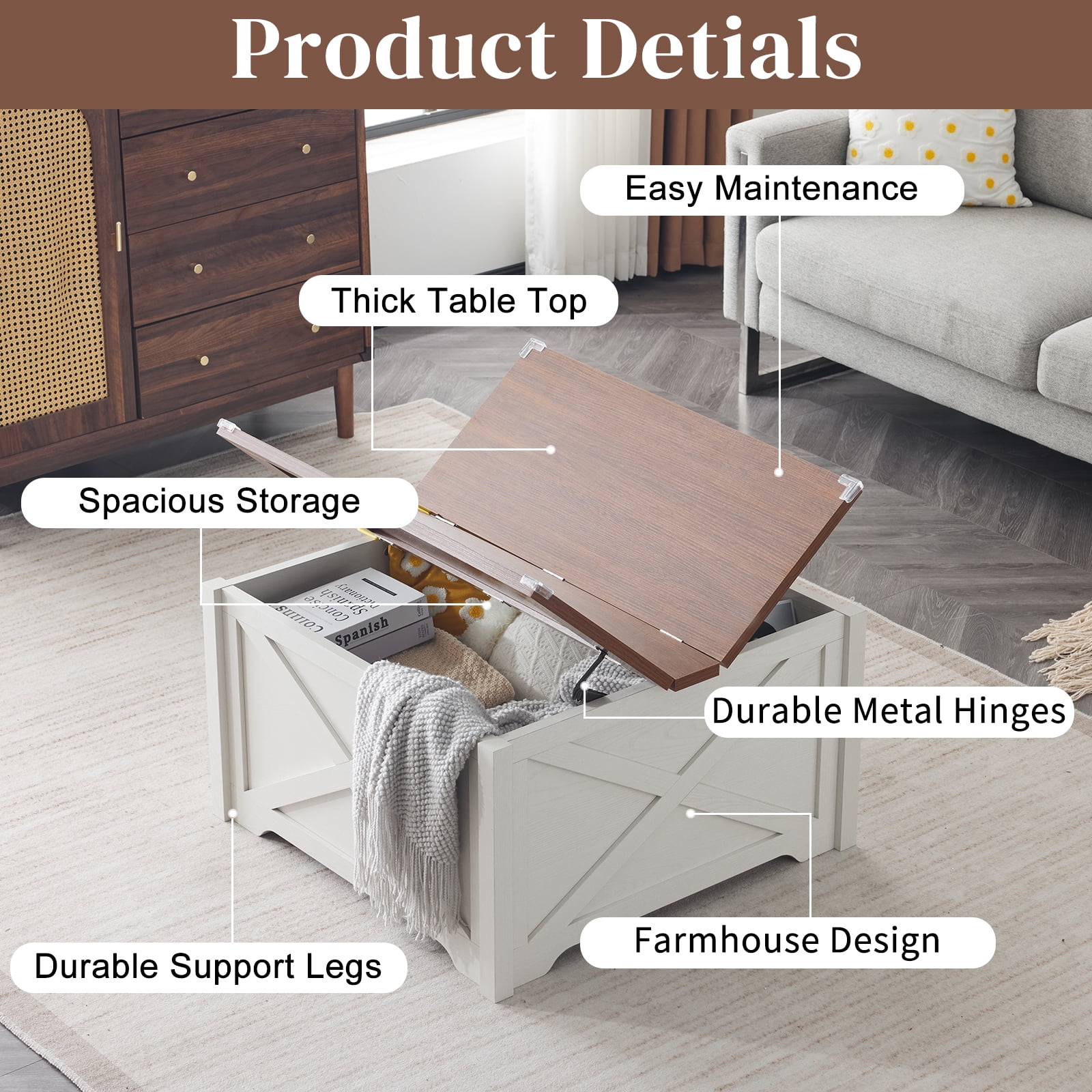 Farmhouse Coffee Table, Square Wood Center Table with Large Hidden Storage Compartment for Living Room, Rustic Cocktail Table with Hinged Lift Top for Home, Brown & White