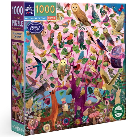 eeBoo Piece & Love: Parliament of Owls - 1000 Piece Puzzle - Adult Square Jigsaw 23x23 Includes Image Reference Insert Glossy Pieces