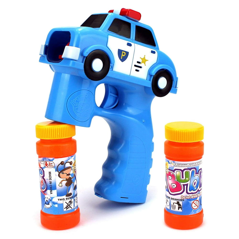 Police Car Battery Operated Toy Bubble Blowing Gun w/ 2 Bottles of