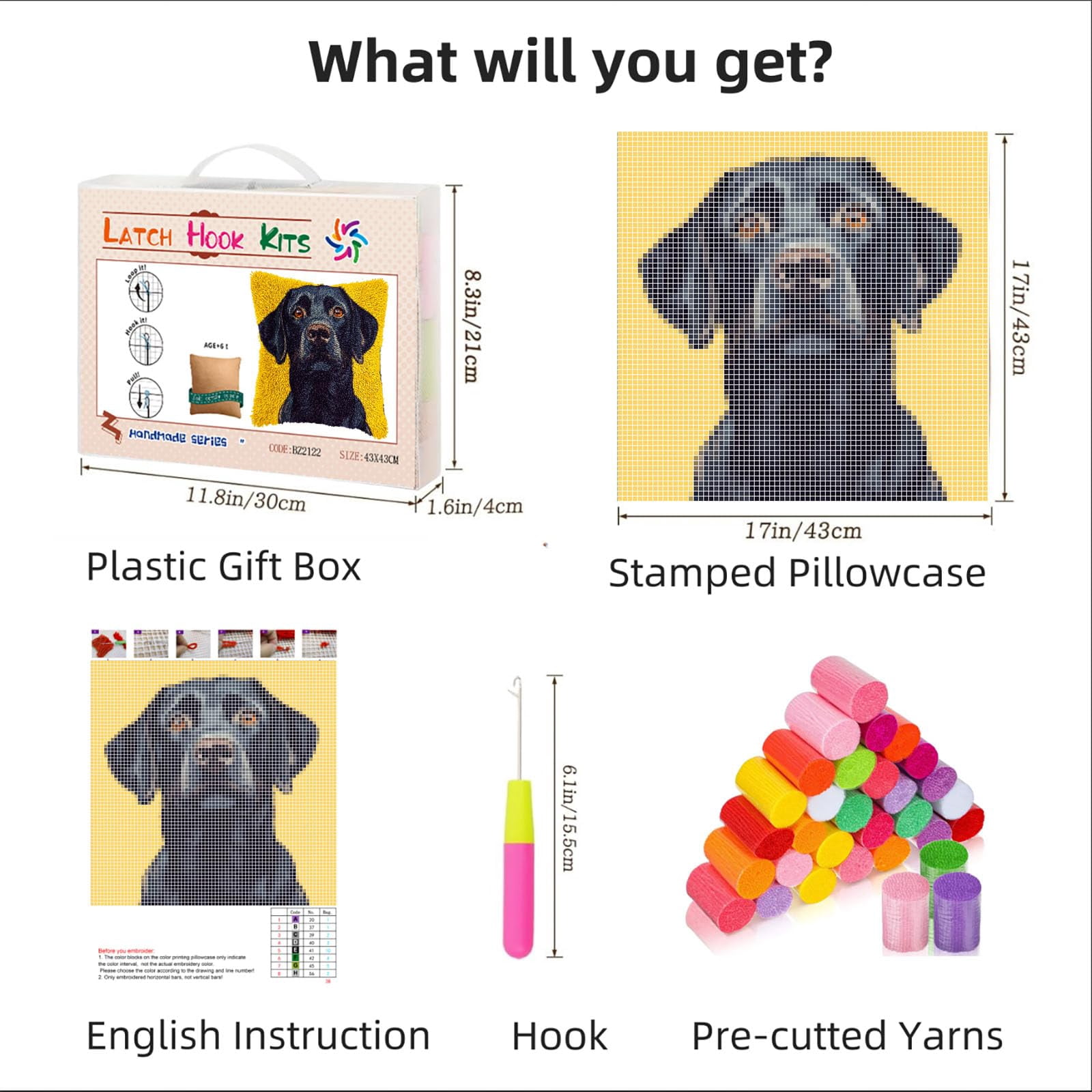 DIY Latch Hook Pillow Kits for Adults Cartoon Black Labrador Dog Printed Pillowcase Crochet Yarns Hooking Handmade Pillow Cover Cushion for Home Sofa Decoration 17x17inch-14