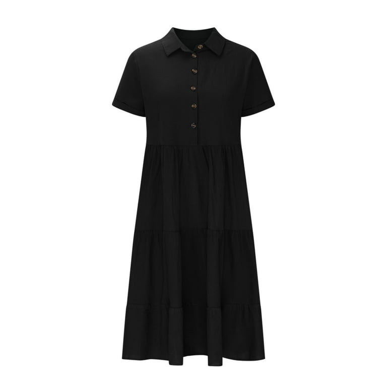 VSSSJ Womens Summer Dresses Casual Short Sleeve Crewneck Button Front Loose  Solid Color Cotton Linen Tiered Ruffle Midi Long Dress Black XL