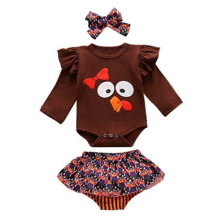 

4 Yr Old Girl Clothes Outfit Girl Girls Long Sleeve Thanksgiving Day Cartoon Turkey Romper Bodysuits Printed Romper Skirt Headbands Outfits 6 Month Outfit Girl