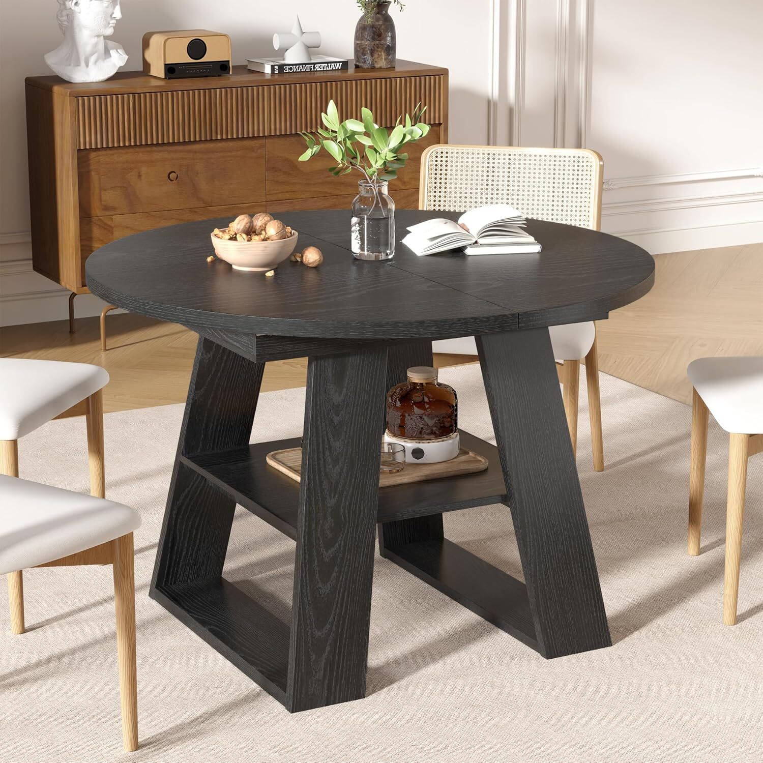 Extendable Round Dining Table for 4, Modern Oval Kitchen Dining Table with Storage Shelf, Dinner Table for Living Room, Black