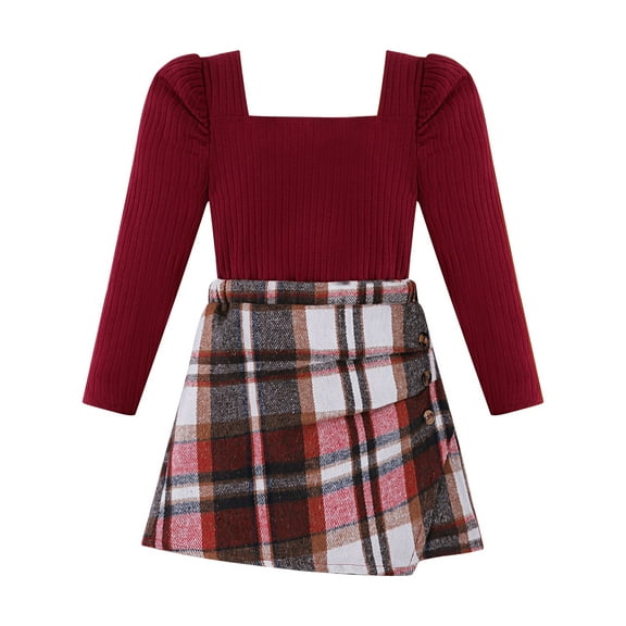 Adarluvy Little Girls Fall Skirts Clothes 2Pcs Long Sleeve Knitted Top Plaid Skirt Set