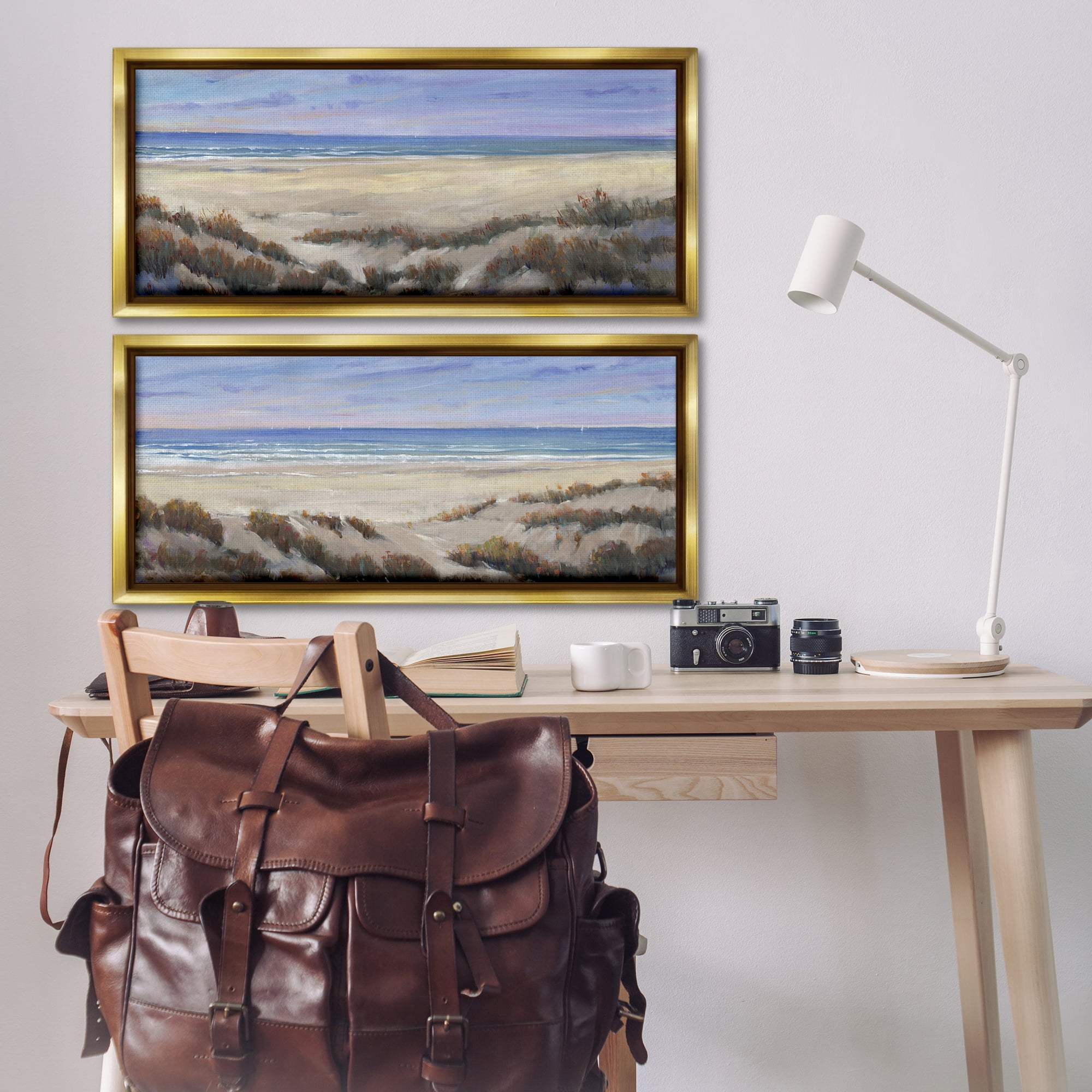 Stupell Industries Coastal Beach Terrain Landscape & Nature Painting Gold Floater Framed Canvas Art Print Wall Art, 31 x 14, Set of 2