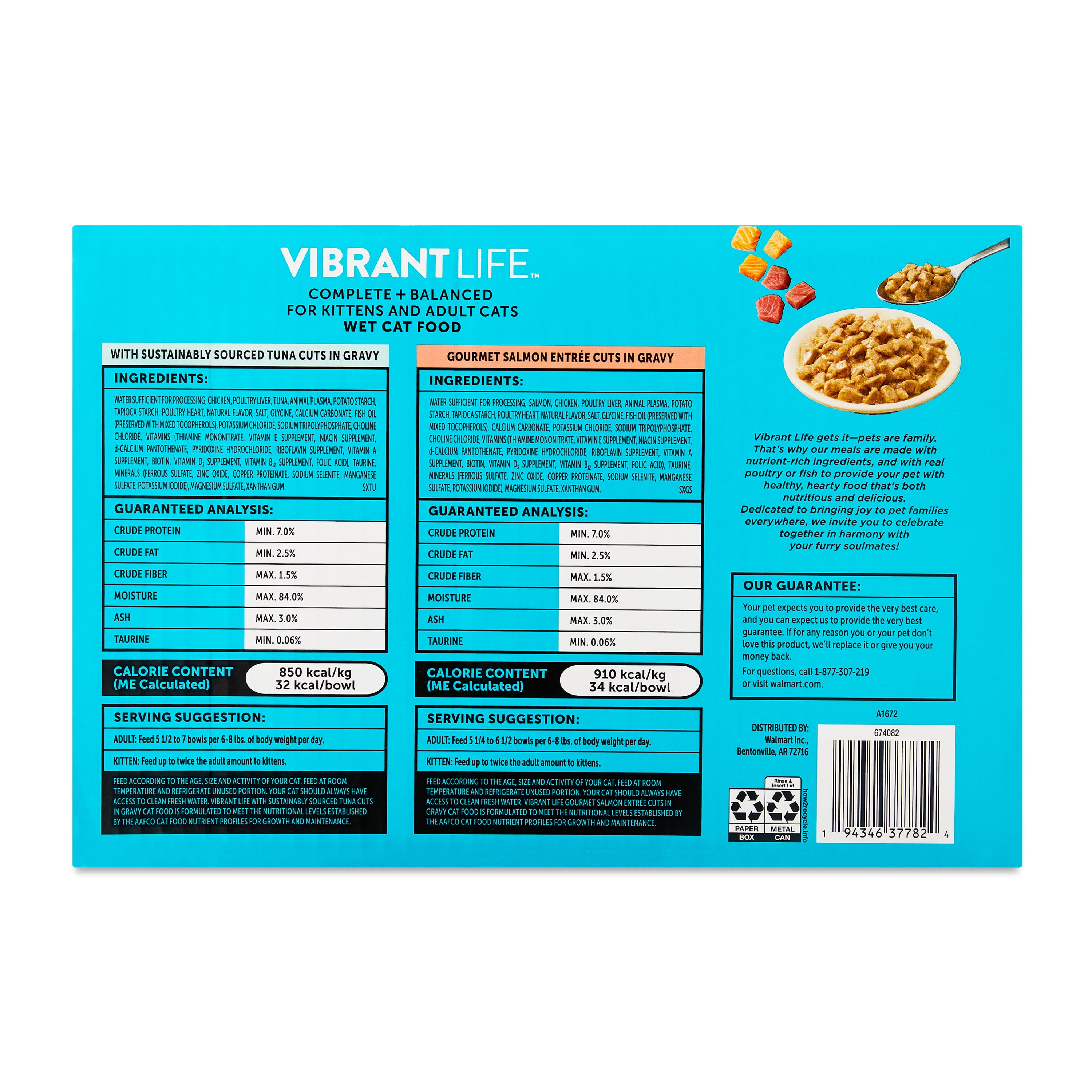 (2 pack) Vibrant Life Tuna & Salmon Cuts in Gravy Wet Cat Food, Complete + Balanced Variety Pack, 2.64 oz Split Trays, 12 Count
