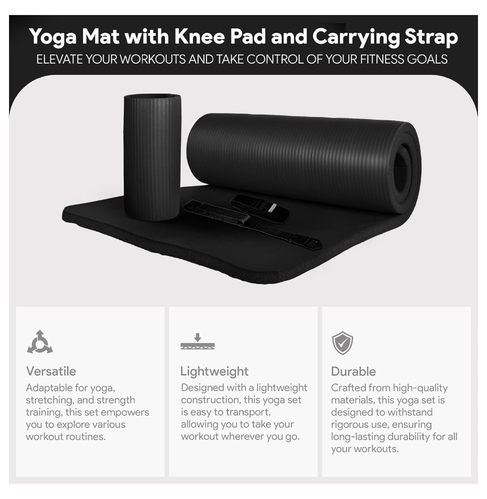 Yoga Mat with Knee Pad - 71x24 Inch Extra Thick Non-Slip Mat for Yoga, Pilates & Fitness - Includes Carrying Strap & Cushion - Home, Studio, Gym