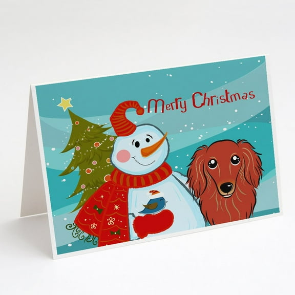 Snowman with Longhair Red Dachshund Greeting Cards and Envelopes Pack of 8
