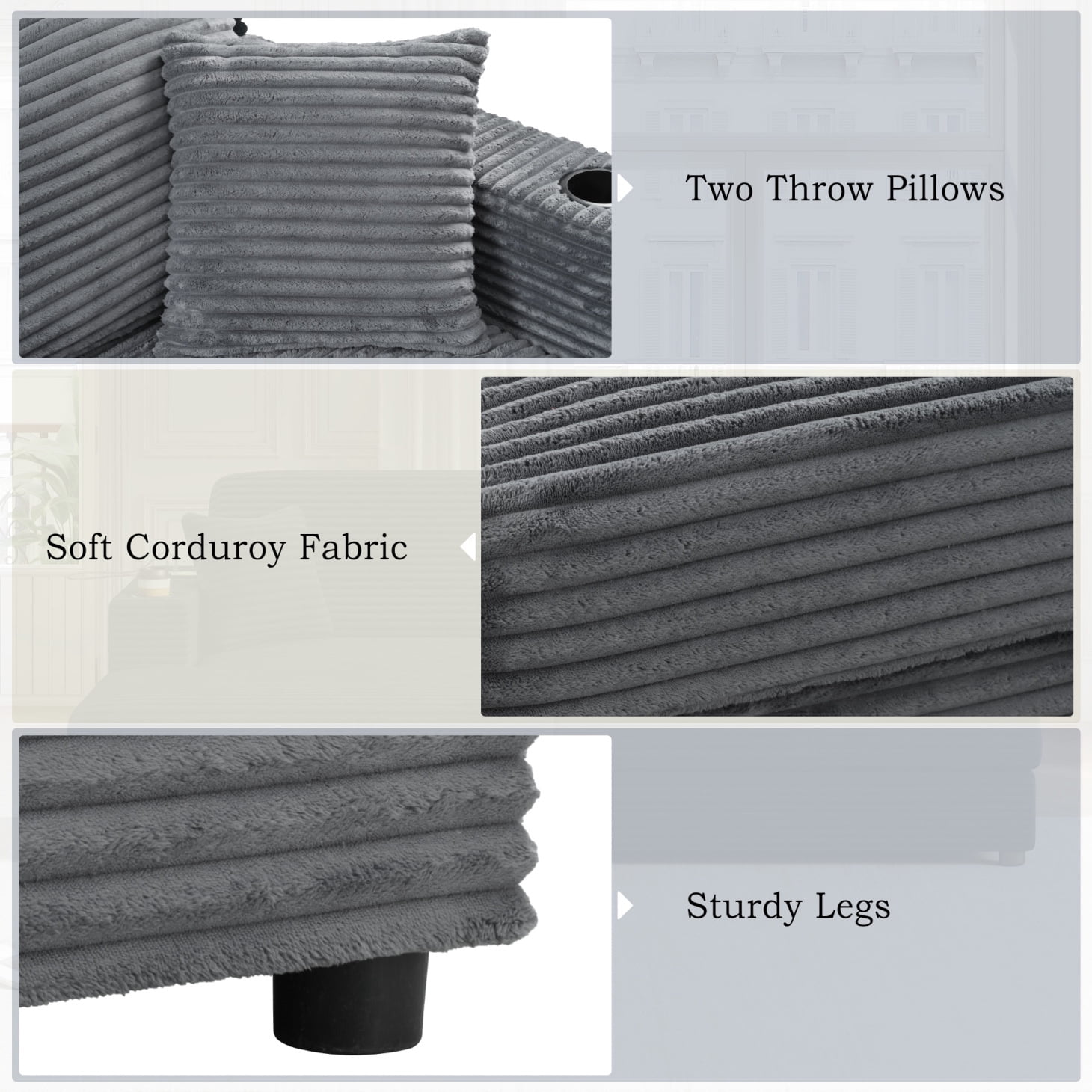 86.5" Oversized Double Lounge Chaise, Upholstered Corduroy Loveseat with 2 Cup Holders and 2 USB Ports, Modern Deep Seat Cloud Couch with Throw Pillows for Living Room, Dark Gray