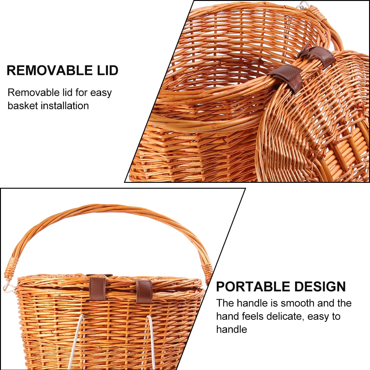 Wicker Bike Basket with Lid and Front Handlebar for Easy Carrying