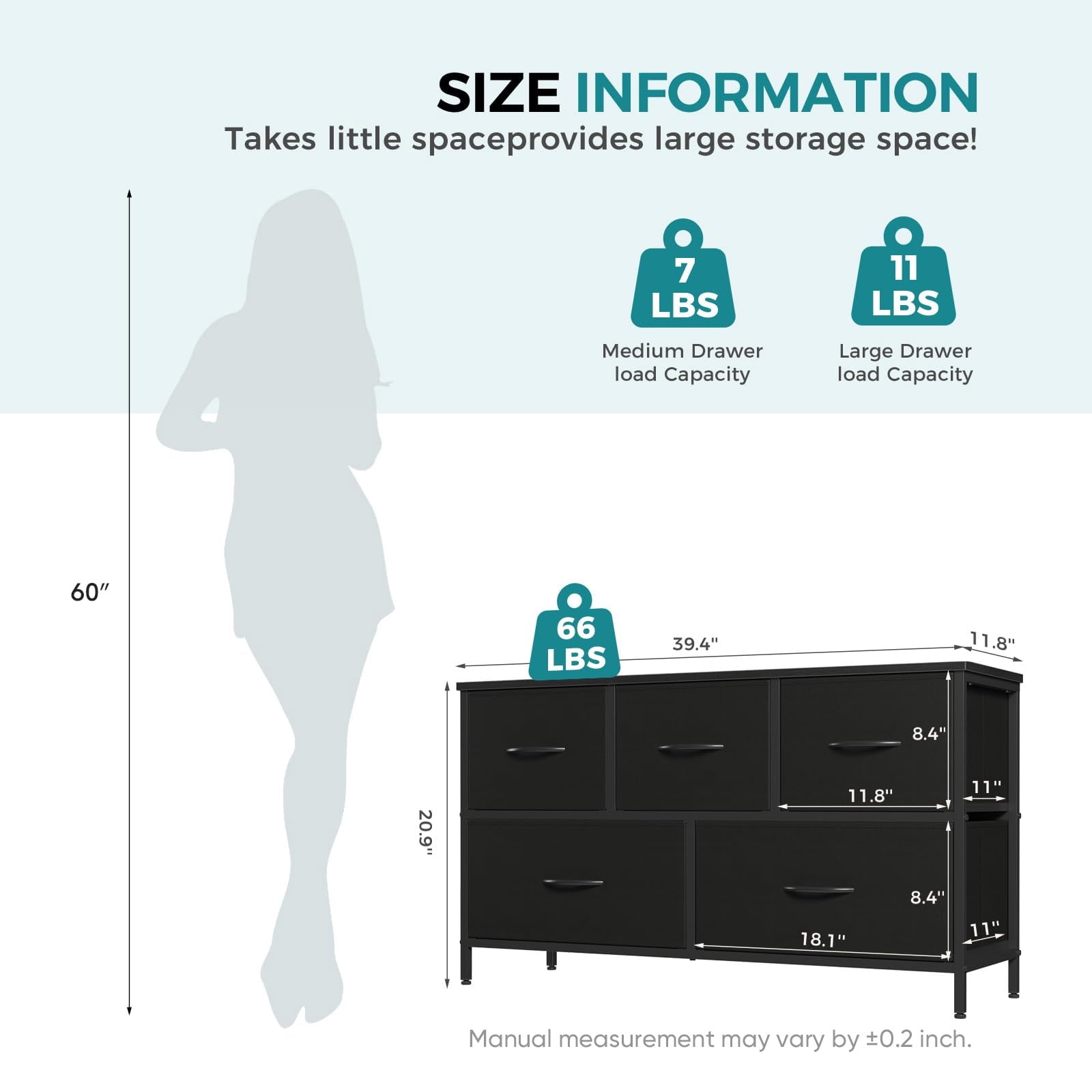 Telyra 5-Drawer Fabric Dresser TV Stand Organizer with Wood Top and Metal Frame, Ink Black