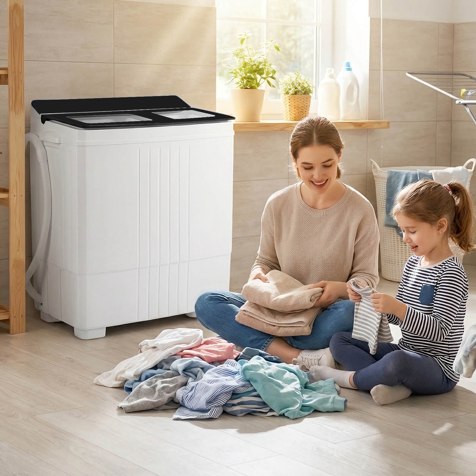 Costway Portable Washing Machine, 20 lbs Compact Laundry Machine with 12 LBS Washer Black & White