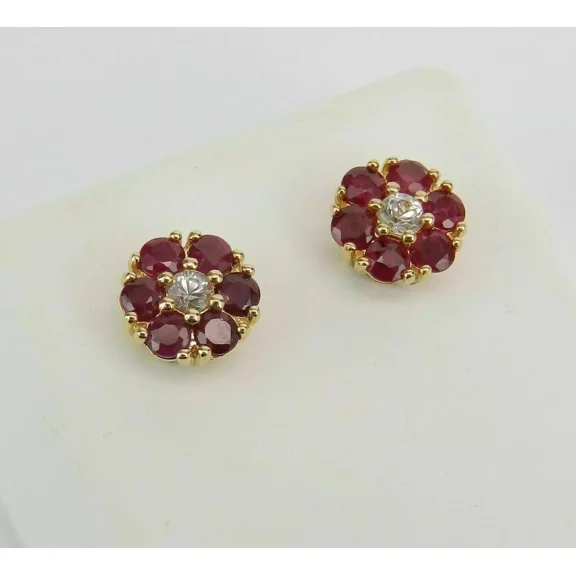 1.00Ct Round Cut Lab Created Red Ruby Flower Stud Earrings in 14k Yellow Gold Plated
