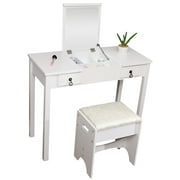 Vanity Set,Flip Single Mirror Double Drawers Straight Feet Dresser White