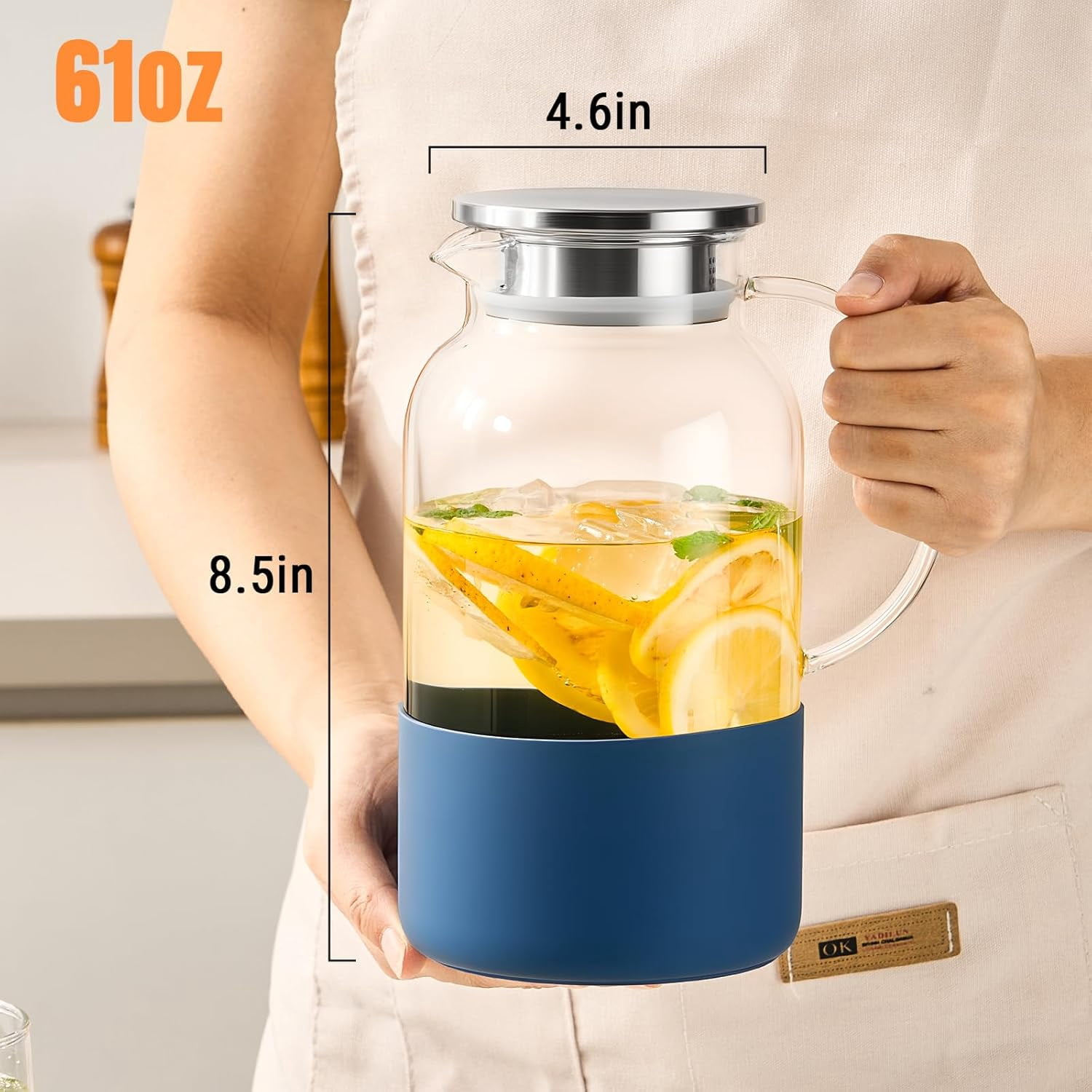 SUMMIT Water Pitcher with Silicone Base 61oz/ 1.8L, Hot& Cold Glass Pitcher with Lid and Handle, Glass Carafe with Lid for Coffee, Juice, Lemonade and Milk (blue)