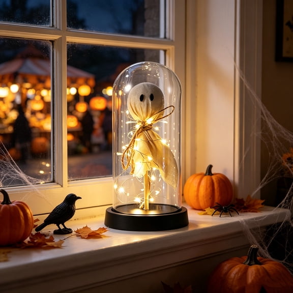 LOWLHOME Light Up Ghost in Glass Cloche, Halloween Cute Ghost with Light Decorations, Cute Spooky Ghost Decor for Tabletop Mantel Display, 8.7*4.3 in, 1 Count, Ghost Doll