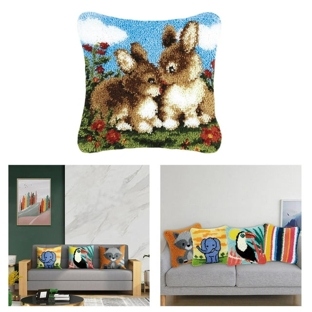 Kits de s de pestil bricoje, funda de almohada, kits de pestillo, funda de cojín para sofá, patrón de animal lindo, funda de cojín con Conejos Macarena Funda de cojín Latch Hook