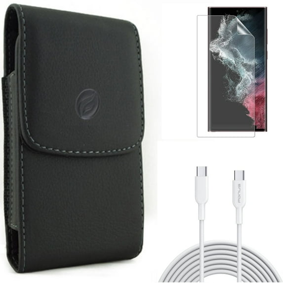 Matte Screen Protector & 10ft Long Type-C Cable & Case Belt Clip for Samsung Galaxy S22 Ultra (6.8") - Combo TPU Film Anti-Glare Anti-Fingerprint & Fast Charger Cord PD Power & Leather Holster Cover