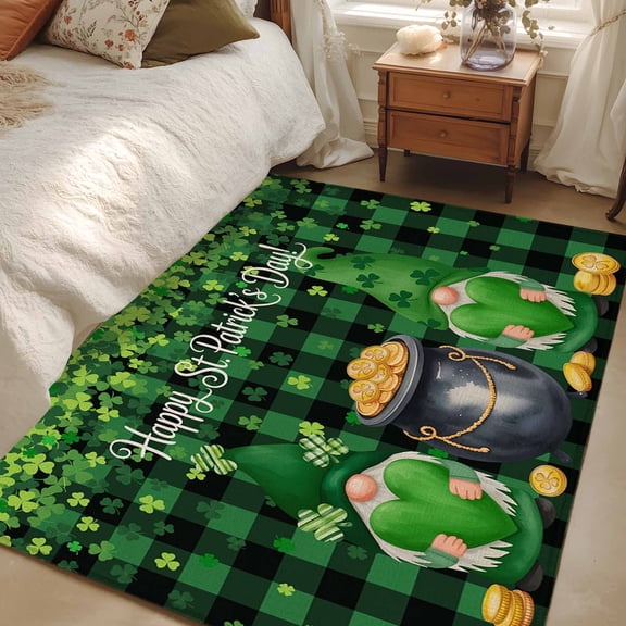Area Rug for Living Room, St. Patrick's Day Non-Slip Indoor Large Carpet for Bedroom/Dining Room, Spring Lucky Shamrocks Green Gnomes Plaid Washable Low-Profile Floor Mat Runner Rugs - 2.7 x 5 Ft