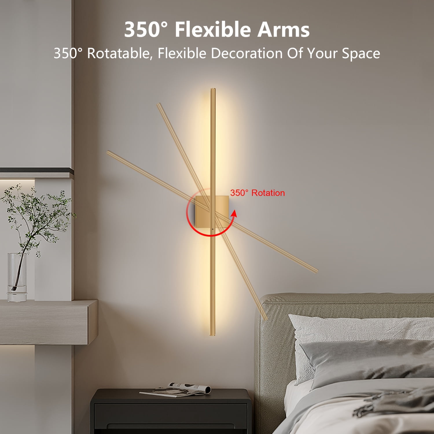 Black Gold USB Rechargeable Wall Sconce Set of 2, Dimmable Battery Operated Wall Lamp with Remote, 360° Rotation Wireless Light for Living Room Bedroom Hallway