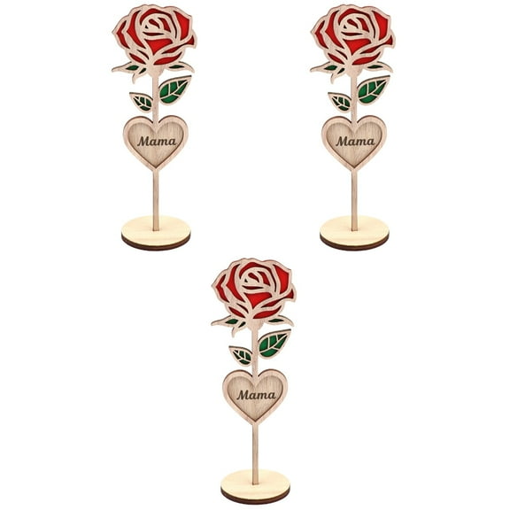 OUNONA 3pcs  Wooden Rose Table Decoration Mother's Day Rose Ornament Centerpiece Tabletop Ornament