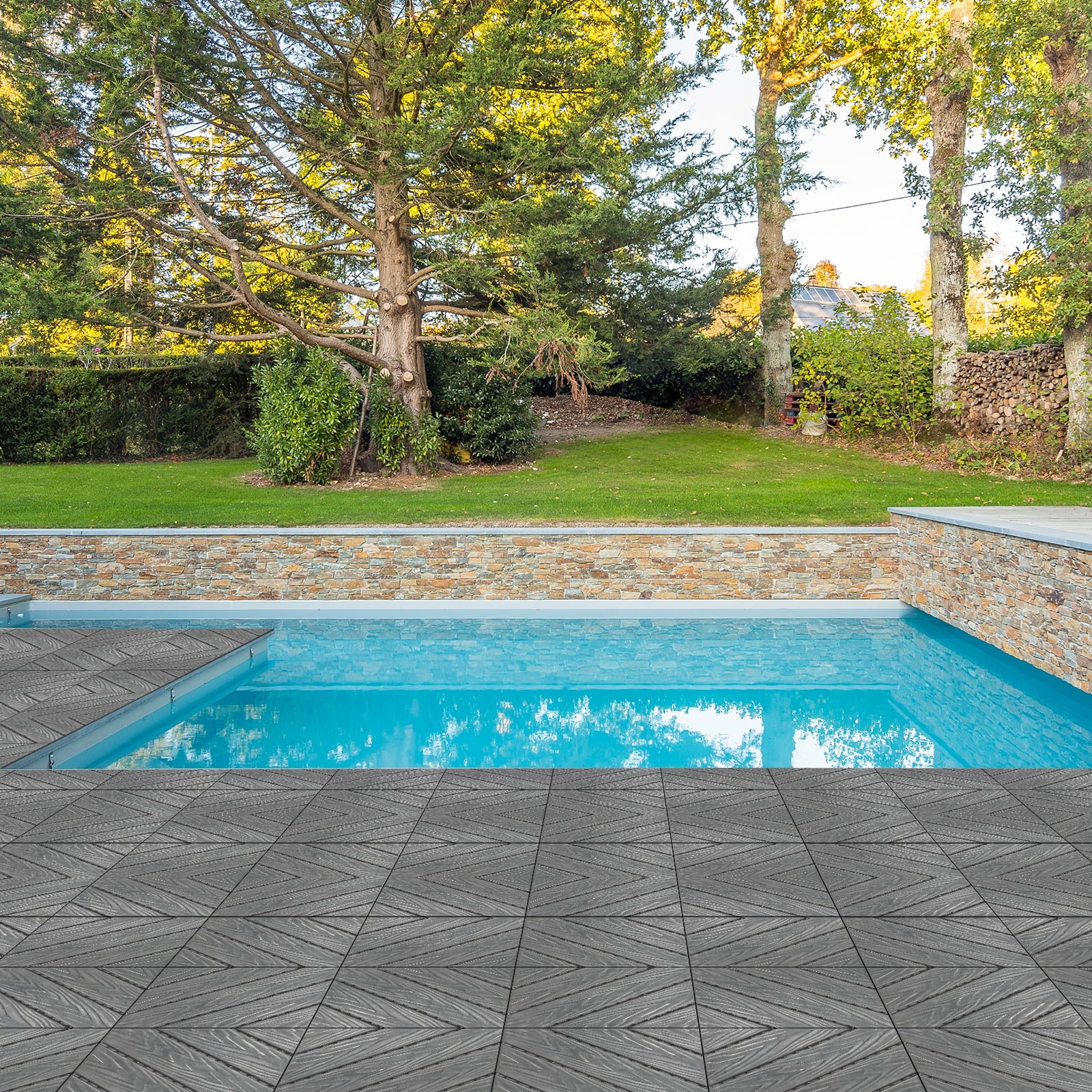 27Pcs Plastic Interlocking Deck Tiles, Waterproof Flooring Tiles for Indoor and Outdoor, Patio Floor Decking Tiles for Porch Poolside Balcony Backyard, Dark Grey 11.8"x11.8"