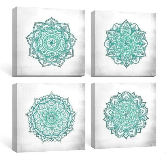 Mandala Wall Art Teal Bathroom Wall Decor, Flower Boho Pictures Turquoise Floral Canvas Paintings Indian Bohemian Artwork for Yoga Spa Bedroom Living Room 4 Piece 12x12 inches
