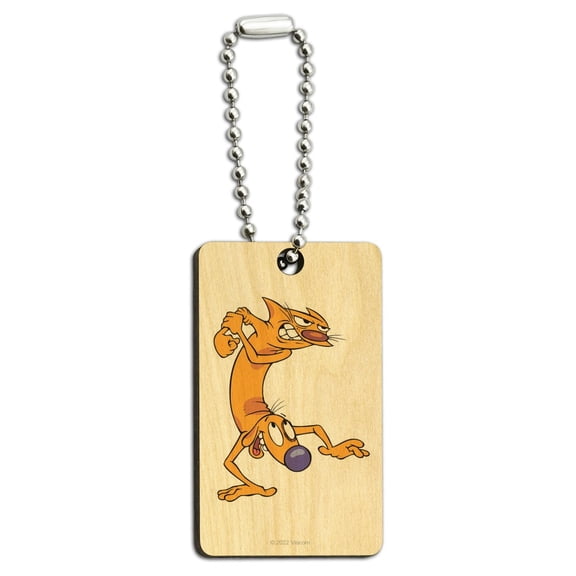 Catdog Ready to Fight Wood Wooden Rectangle Keychain Key Ring