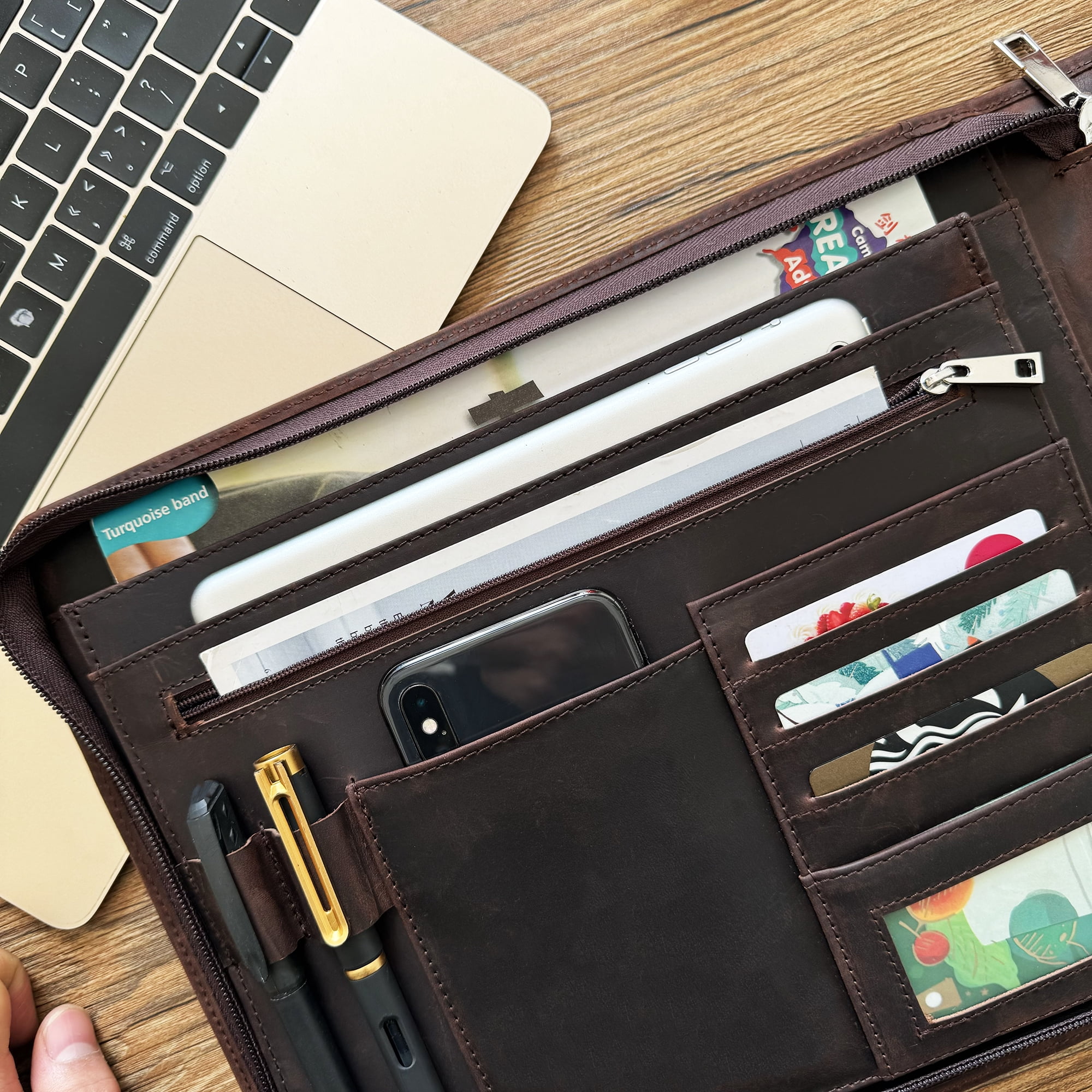 Business 3 Ring Check Binder, Genuine Leather Check Book Portfolio for 3 Holes or 9 Holes Checks, Check Book Binder for 11 1/4"x9", Crazy Horse Leather (Dark Brown)