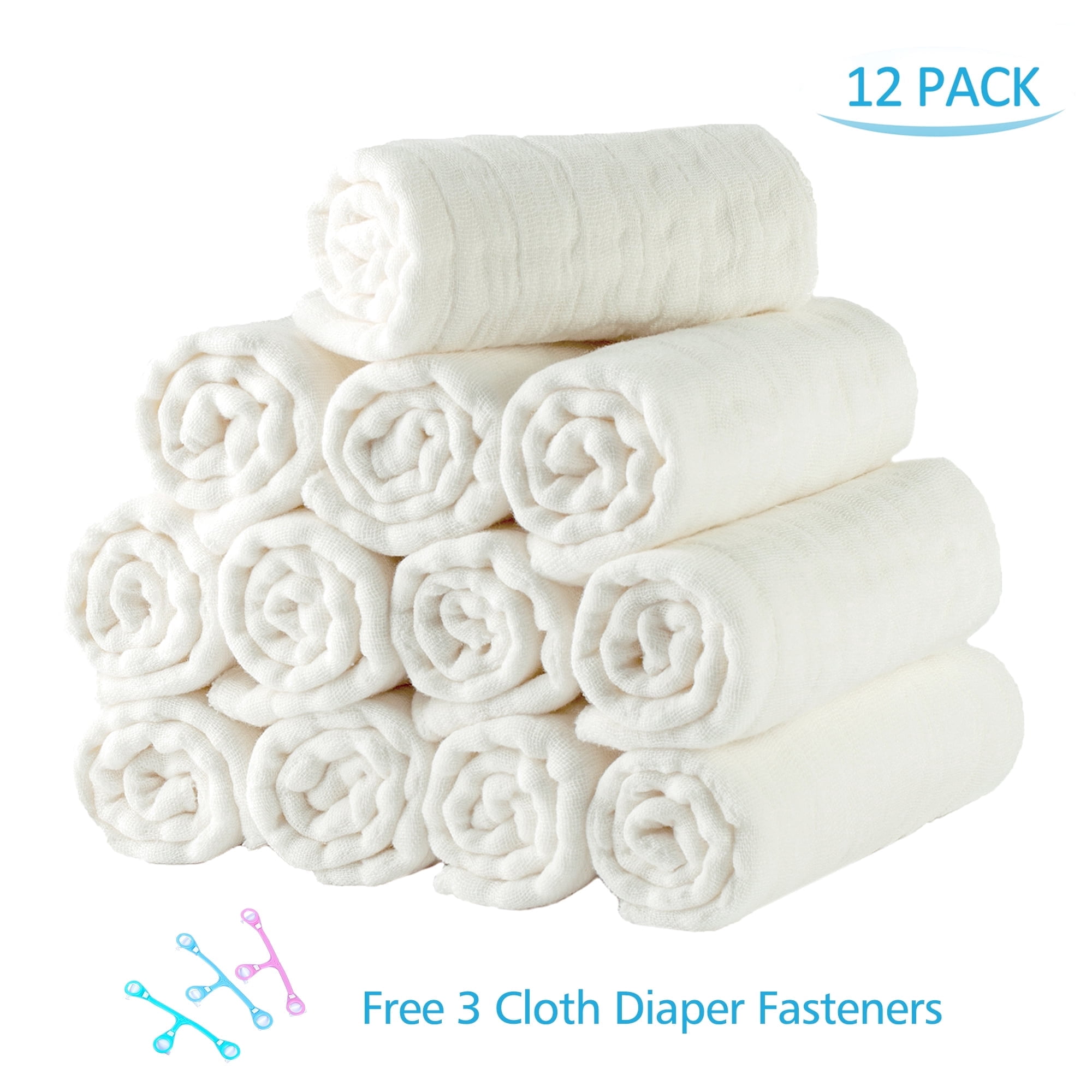 100% Cotton Cloth Baby Diapers 12 Pack , Reusable 6 Ply Absorbency Diapers(Baby Unisex), 12"x16", White
