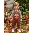 thumbnail image 6 of Loicainy Infant Baby Boy Thanksgiving Outfit 3 6 9 12 18 Months Striped Crew Neck Long Sleeve Romper Turkey Print Overalls and Hat 3 Pcs Clothes Set, 6 of 9