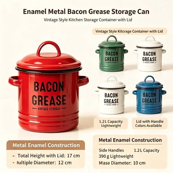 Linnome 1.2L Bacon Grease Container Enamel Ceramic Fat Can for Grease Drippings Storage Durable Easy to Clean Kitchen Practical Use