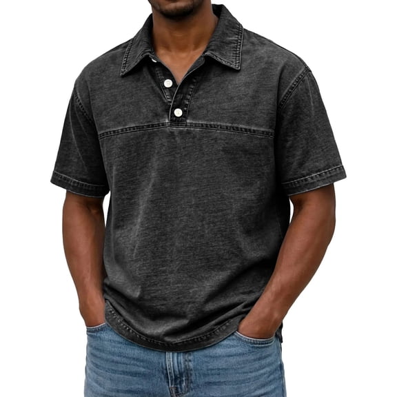 Zimjoy Mens Casual Polo Shirts Classic Button Basic Short Sleeve Shirt Solid Color Retro Tees Golf Stylish Tops, Black L