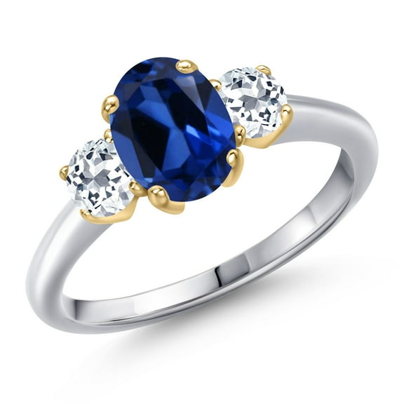 Gem Stone King 10K Two Tone Gold Blue Created Sapphire and White Topaz Engagement Ring for Women | 2.26 Cttw | Oval 8X6MM | Gemstone September Birthstone | Size 9