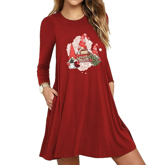 jsaierl Christmas Dresses for Women Gnomes Print Long Sleeve Dress Holiday Casual Crewneck Mini Shirt Dress for Christmas Party 2025