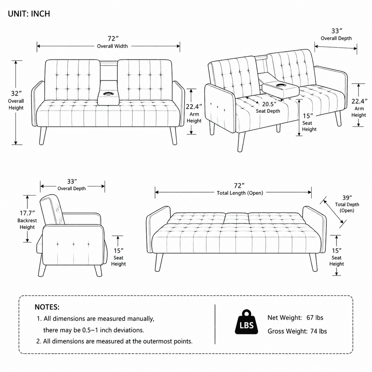 Gewnee 72" Convertible Sofa Bed,Tufted Velvet 3‑Seater Folding Futon Sleeper Couch with Cup Holders,Modern Couch for Home and Guest Room，Dark Blue