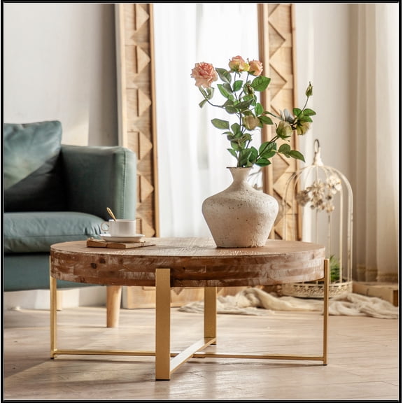 31.29"Modern Retro Splicing Round Coffee Table,Fir Wood Table Top with Gold Cross Legs Base(Same SKU:W757123559)