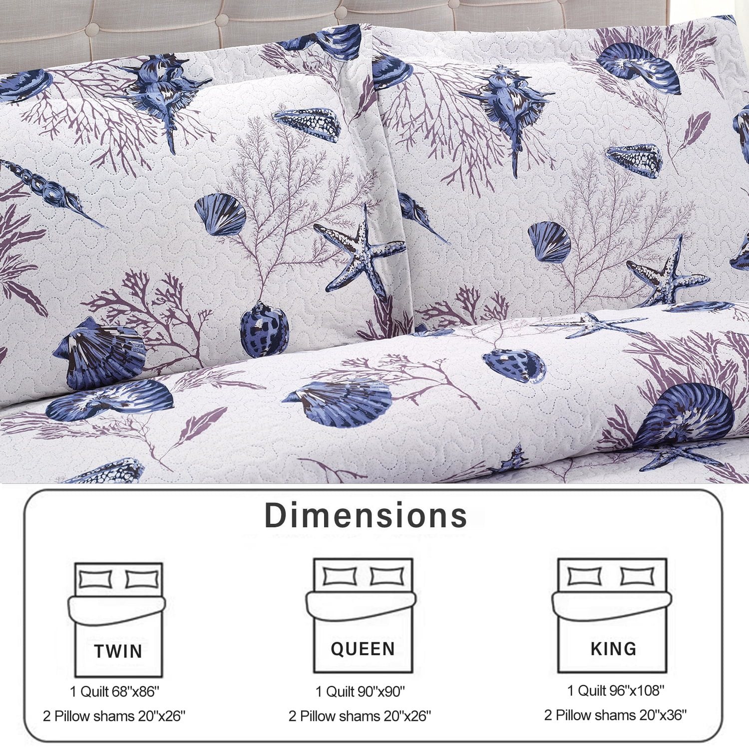 Beartech Ocean Quilt Set King Size White Dark Purple Conch Quilt Lightweight Reversible Microfiber Bedspread Coverlet Cabin Bedding Set