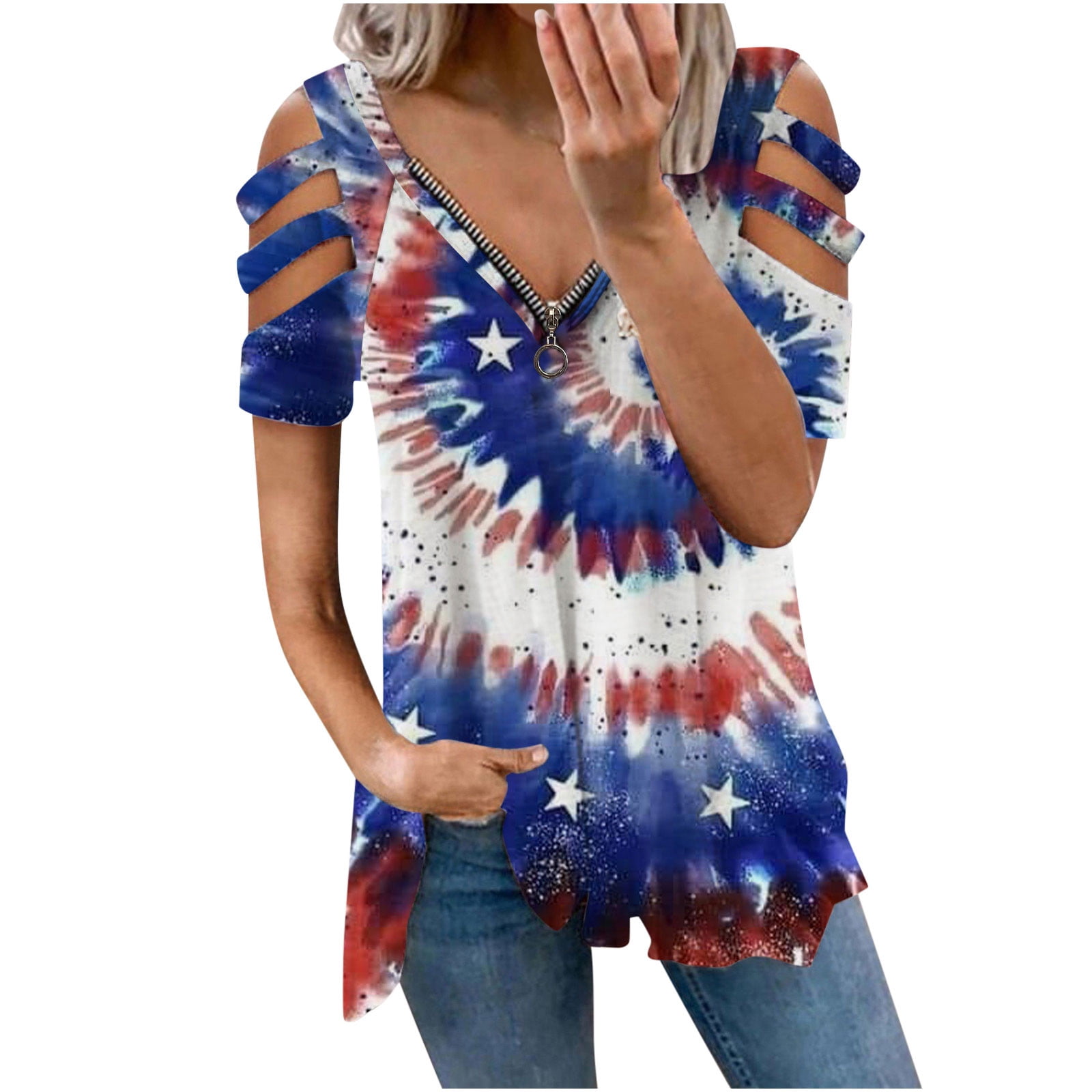 USSUMA Womens Summer Tops Strappy Cold Shoulder Patriotic T-Shirts for ...