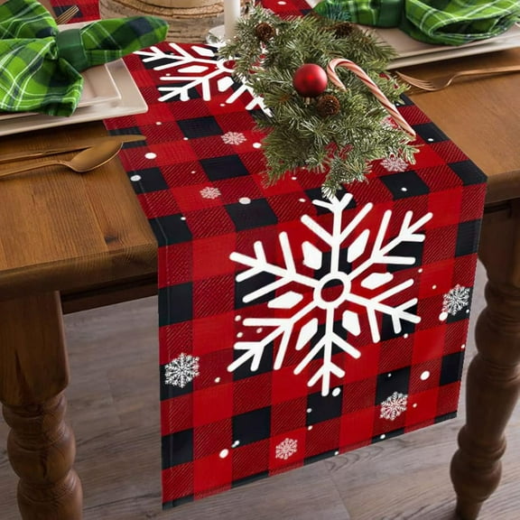 Christmas Table Runner Red Black Buffalo Check Plaid Snowflake Table Runner Seasonal Winter Christmas Xmas Holiday Kitchen Dining Living Room Table Runner 13 x 72 Inch
