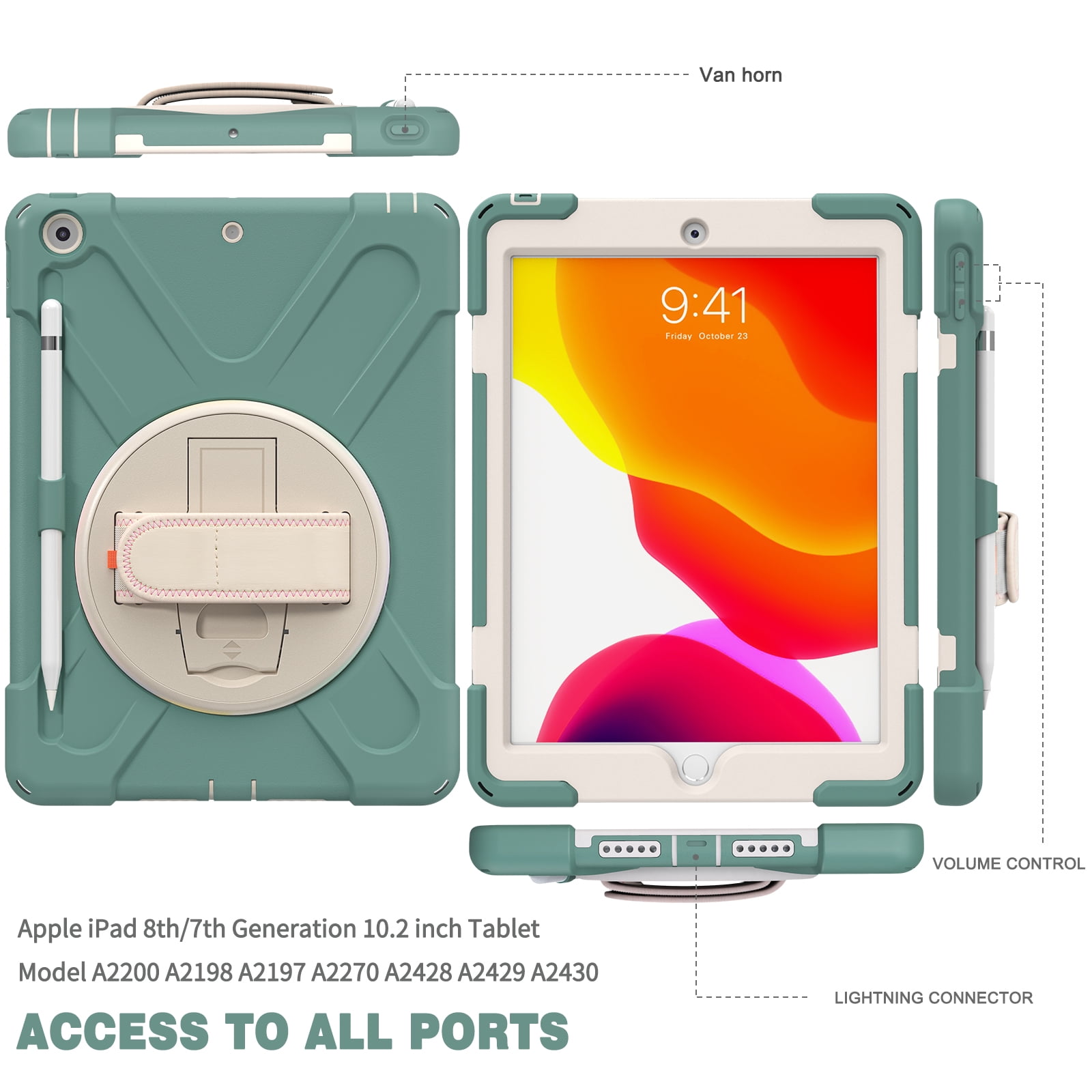 Allytech iPad 9.7 6th 5th Generation Case with Screen Protector, Heavy Duty Protection Rugged Kids Friendly Shockproof Kickstand Pencil Holder Case Cover for Apple iPad 9.7" 2018/2017,Darkgreen