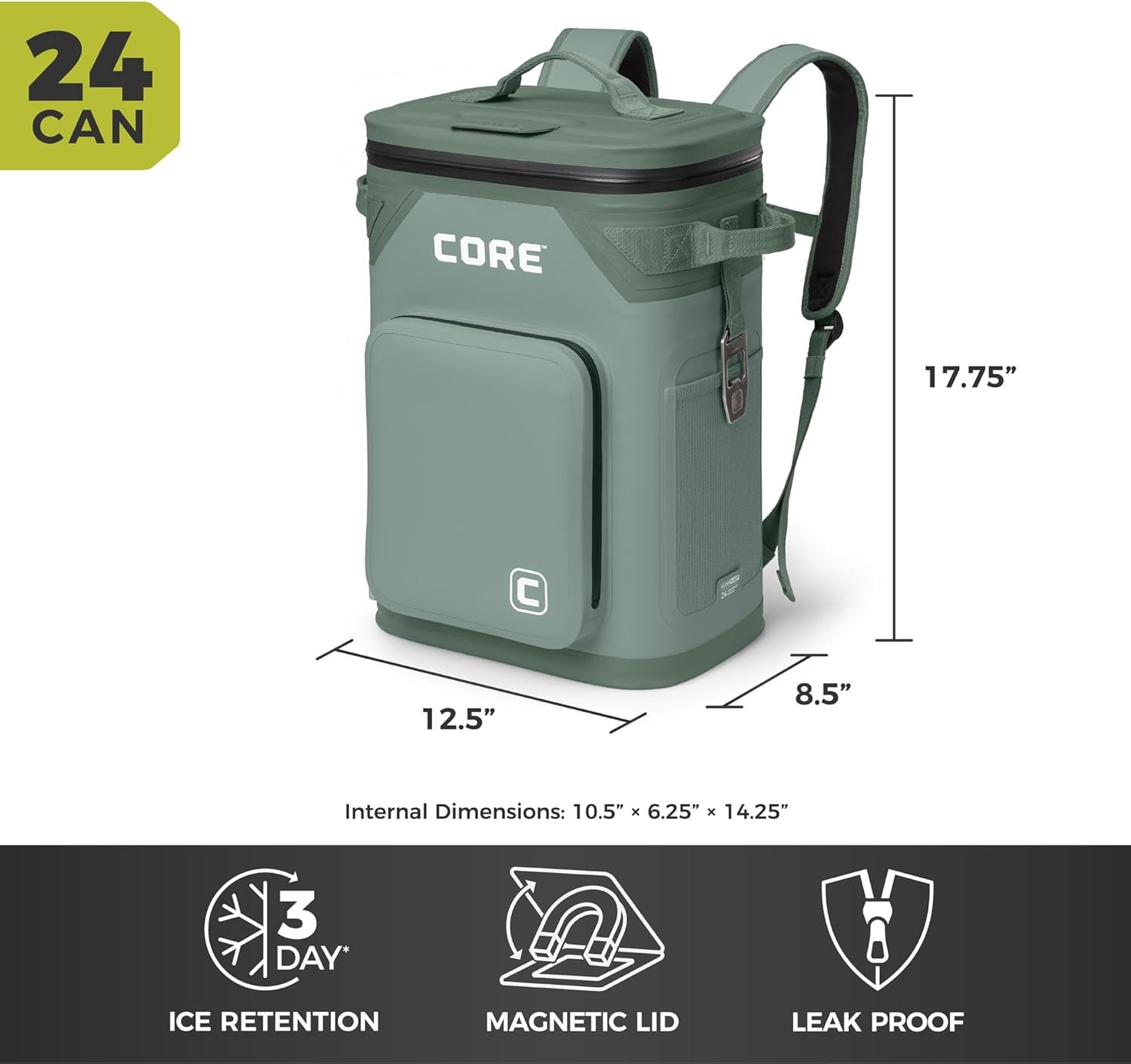 CORE 24 Can Climakeep Magnetic Soft Cooler, Leakproof Cooler, Waterproof Zipper, Sage