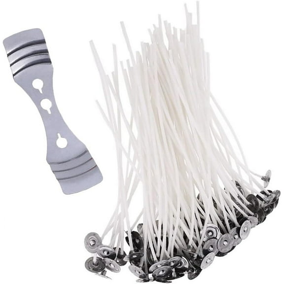100 Pcs Candle Wicks, 150mm Long Pre Waxed Wicks with Metal Tabs and 3 Hole Wick Holder - Long Lasting Low Smoke Ideal Candle Wicks for Making DIY Candles, White