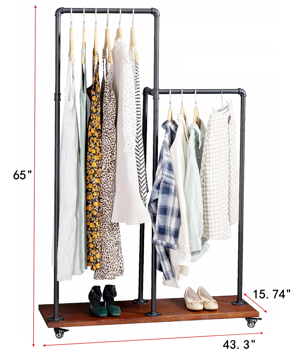 Simple Houseware Double Rod Garment Rack With Wheels and Shelf, Black